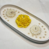 Handmade Oval Candle with Yellow Rose & White Floral Carvings | main view