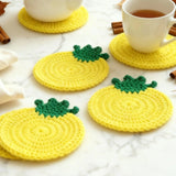 Handmade Pineapple Crochet Coasters (Set of 6) | Bright Tropical Cotton Coasters for Summer Décor Closeup view.