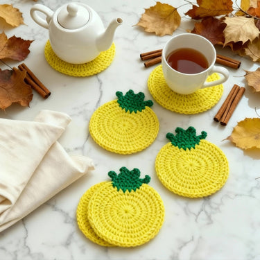 Handmade Pineapple Crochet Coasters (Set of 6) | Bright Tropical Cotton Coasters for Summer Décor overall view.