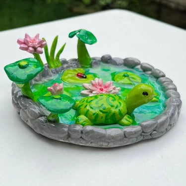 Handmade Tortoise Pond Clay Trinket – Whimsical Miniature Decor | front view 