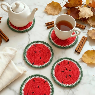 Handmade Watermelon Crochet Coasters (Set of 6) | Cotton Yarn | Summer-Inspired Table Décor Closeup view