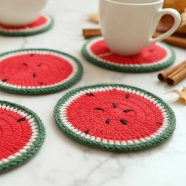 Handmade Watermelon Crochet Coasters (Set of 6) | Cotton Yarn | Summer-Inspired Table Décor Focus view