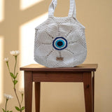 Handmade White Evil Eye Crochet Tote Bag | creative view