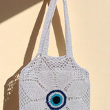 Handmade White Evil Eye Crochet Tote Bag | front view