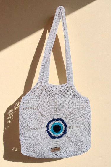 Handmade White Evil Eye Crochet Tote Bag | front view