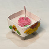 Handmade White Sunflower & Rose Candle in Clay Pot | Artistic Home Décor & Gift Front view