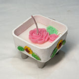 Handmade White Sunflower & Rose Candle in Clay Pot | Artistic Home Décor & Gift Side view