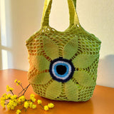 Handmade Yellow Evil Eye Crochet Tote Bag | creative view