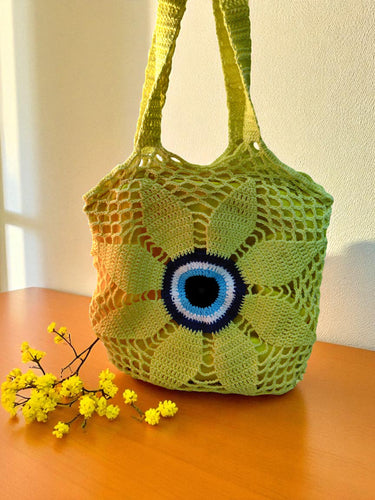 Handmade Yellow Evil Eye Crochet Tote Bag | creative view