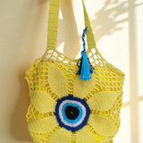 Handmade Yellow Evil Eye Crochet Tote Bag | front view