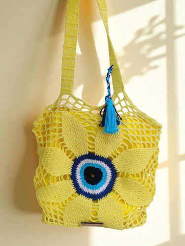Handmade Yellow Evil Eye Crochet Tote Bag | front view