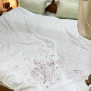 Ivory Blossom Comforter | Luxurious Embroidered Floral Comforter with Satin Finish overall view.