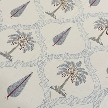Ivory Blue Palm Motif Handblock 400TC Bedsheet | focus view