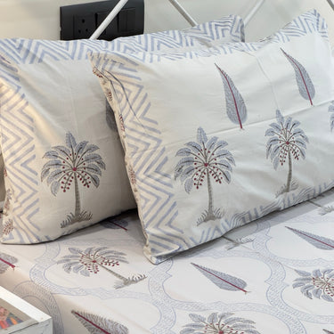 Ivory Blue Palm Motif Handblock 400TC Bedsheet | pillow view