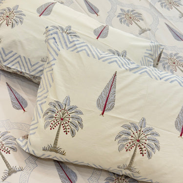 Ivory Blue Palm Motif Handblock 400TC Bedsheet | top view