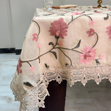 Ivory & Blush Embroidered Table Cover – Floral Lace focus view