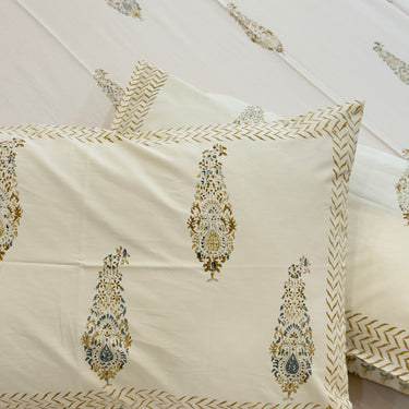 Ivory Gold Paisley Handblock 400TC Bedsheet| handblock view