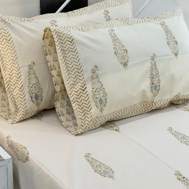 Ivory Gold Paisley Handblock 400TC Bedsheet| pillow view