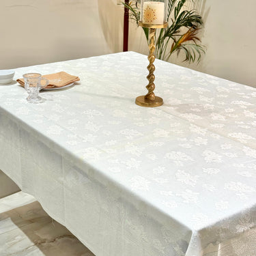 Ivory Jacquard Rose Table Cover overall view