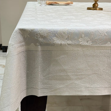 Ivory Jacquard Rose Table Cover side view