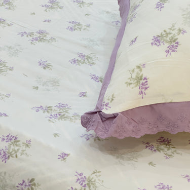 Lavender Honey Waffle Cotton Feel Double Bed Bedsheet Set with Soft Comfort Layer & Lace Detailed Pillow Covers (250 x 270 cm) | focus view