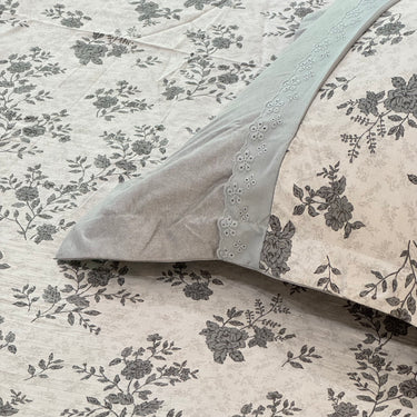 Light Grey Floral Soft Cotton Feel Double Bed Bedsheet Set with Lace Detailed Pillow Covers (250 x 270 cm) | focus view