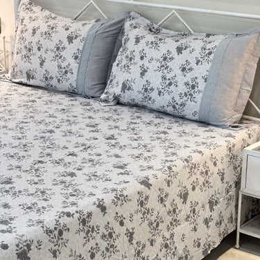 Light Grey Floral Soft Cotton Feel Double Bed Bedsheet Set with Lace Detailed Pillow Covers (250 x 270 cm) | full view