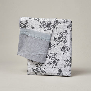 Light Grey Floral Soft Cotton Feel Double Bed Bedsheet Set with Lace Detailed Pillow Covers (250 x 270 cm) | studio front view