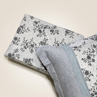 Light Grey Floral Soft Cotton Feel Double Bed Bedsheet Set with Lace Detailed Pillow Covers (250 x 270 cm) | studio top view