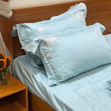 Luxury Blue Floral Embroidered Bedsheet Set Focus view.