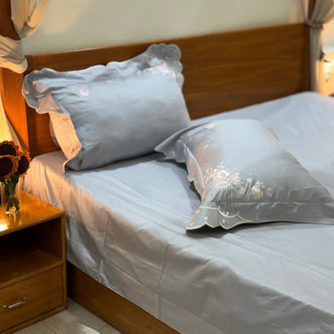 Luxury Gray Floral Embroidered Bedsheet Set Overall view.