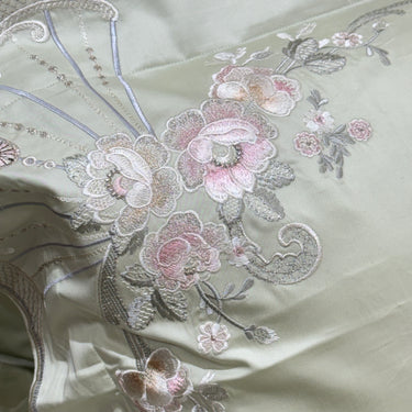 Luxury Pastel Green Floral Embroidered Bedsheet Set Closeu view