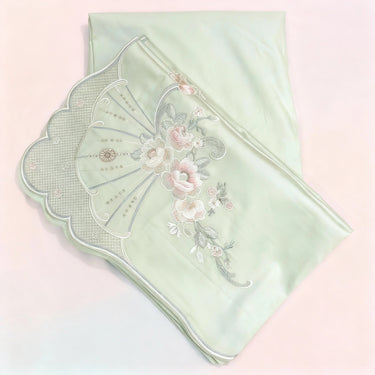 Luxury Pastel Green Floral Embroidered Bedsheet Set pillow view.