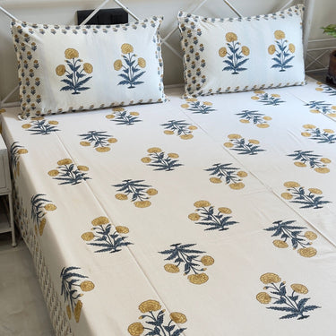 Marigold Bloom Handblocked Cotton Bedsheet | Overall View