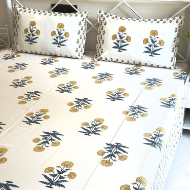 Marigold Bloom Handblocked Cotton Bedsheet | Side View