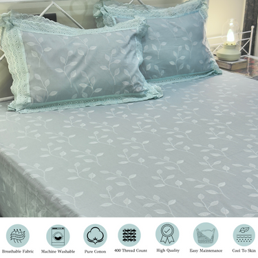 Mint Green Leafy Double Lace 400TC king size Bedsheet | INFORMATION view