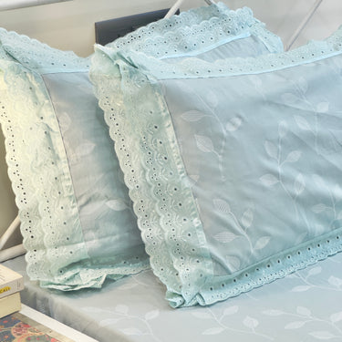 Mint Green Leafy Double Lace 400TC king size Bedsheet | lace pillow
