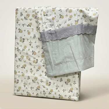 Minty Flora Soft Cotton Feel Double Bed Bedsheet Set with Lace Detailed Pillow Covers (250 x 270 cm)| studio front view