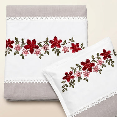 Mushroom Grey Embroidered Pure Cotton Linen Bedsheet | 110 X 110 | front studio view