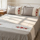 Mushroom Grey Embroidered Pure Cotton Linen Bedsheet | 110 X 110 overall view.