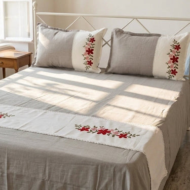 Mushroom Grey Embroidered Pure Cotton Linen Bedsheet | 110 X 110 overall view.