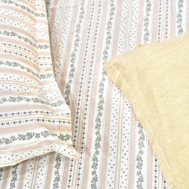 Muted Pink & Grey Striped Floral King Size Bedsheet Set (5 Pieces) with 4 Pillow Covers creative view