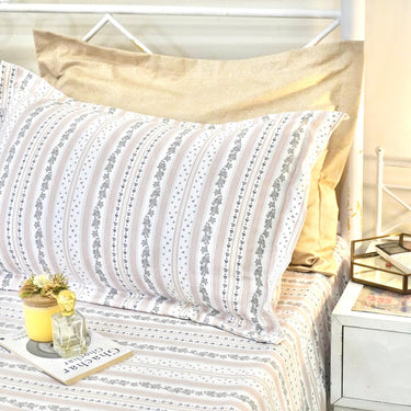 Muted Pink & Grey Striped Floral King Size Bedsheet Set (5 Pieces) with 4 Pillow Covers side view