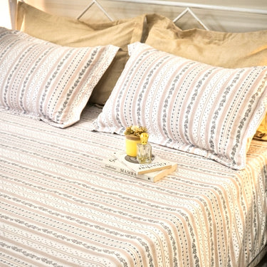 Muted Pink & mustard Striped Floral King Size Bedsheet Set (5 Pieces) with 4 Pillow Covers | overall view