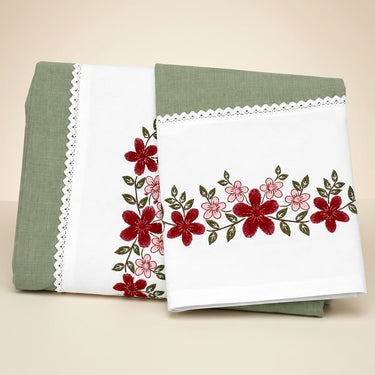 Olive Sage Embroidered Pure Cotton Linen Bedsheet | 110 X 110 | front studio view