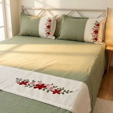 Olive Sage Embroidered Pure Cotton Linen Bedsheet | 110 X 110 | full bedsheet view
