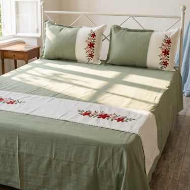 Olive Sage Embroidered Pure Cotton Linen Bedsheet | 110 X 110 | full view