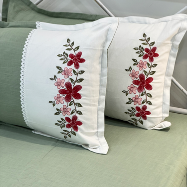 Olive Sage Embroidered Pure Cotton Linen Bedsheet | 110 X 110 side view