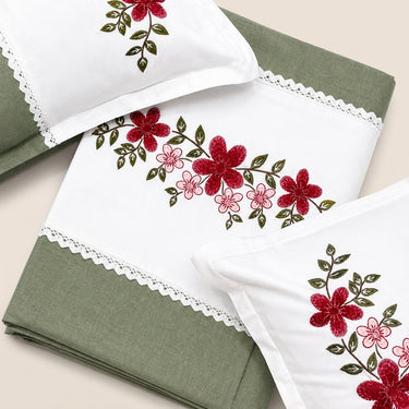 Olive Sage Embroidered Pure Cotton Linen Bedsheet | 110 X 110 | top studio view