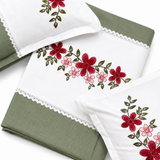 Olive Sage Embroidered Pure Cotton Linen Bedsheet | 110 X 110 top view